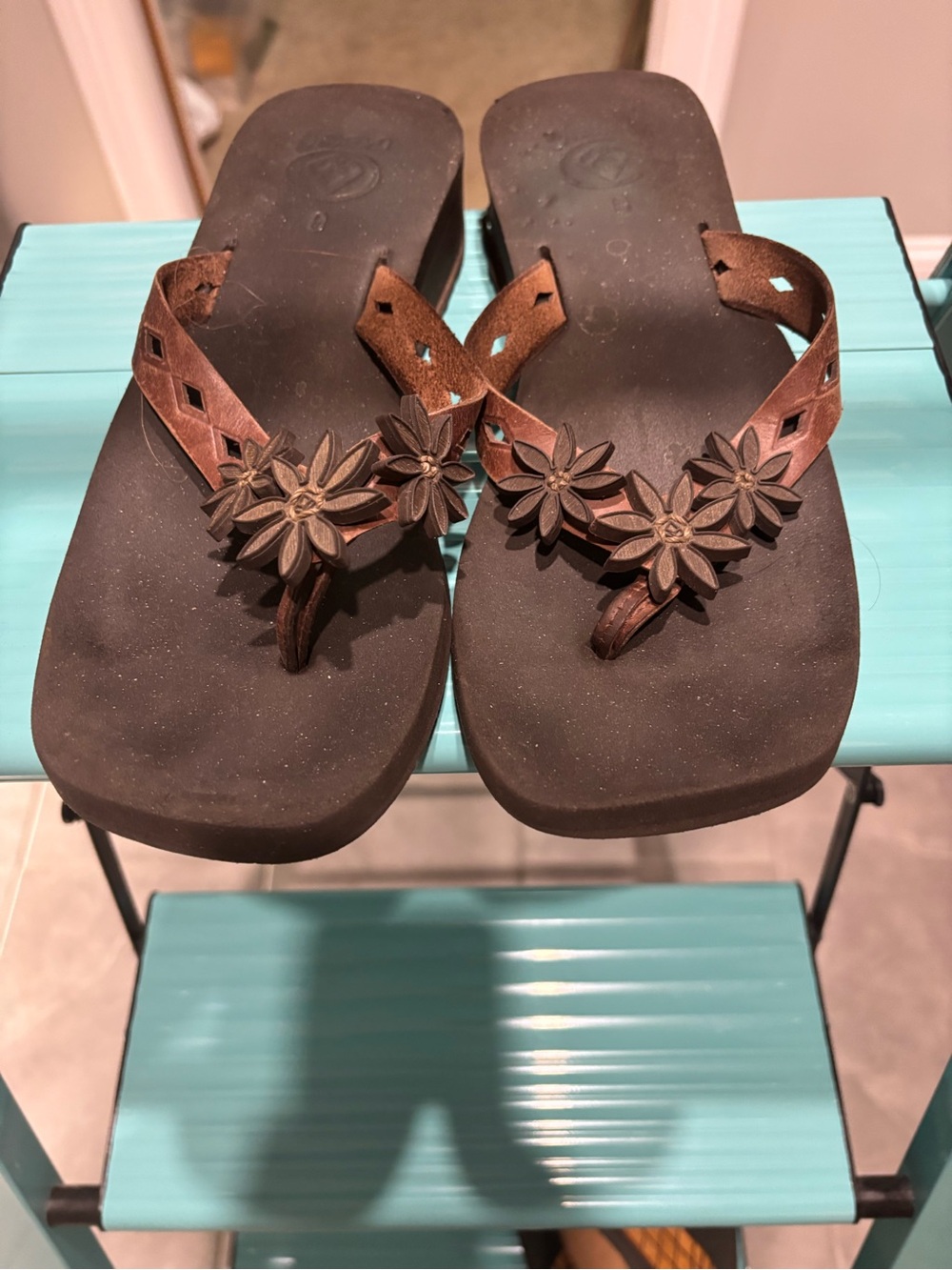 Brown REEF Floral Leather Thong Sandals - Women